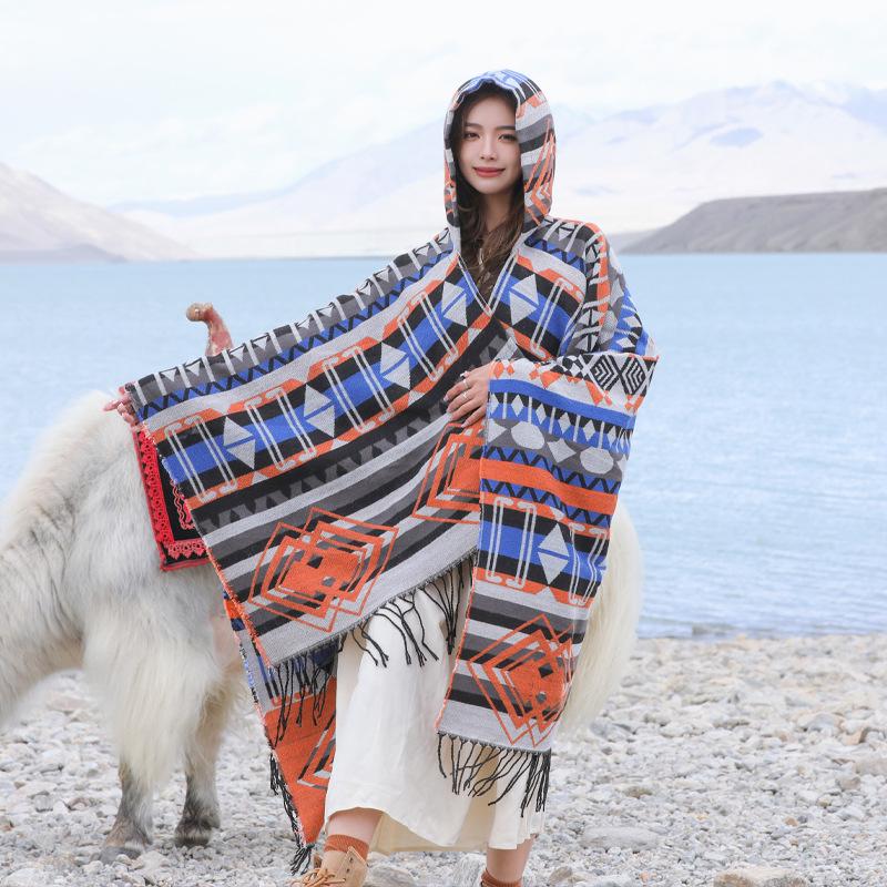 Yunnan Dali Ethnic Style Women's Warm Hooded Scarf Cloak