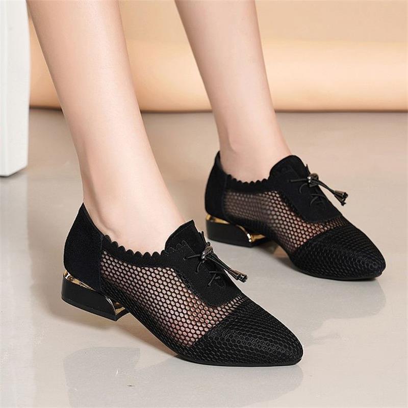 Mesh Sandals Women 2025 New Summer Commuter Hollow Lace-up Low Heel Thick Heel Pointed Mother Single Shoes Sandals Women