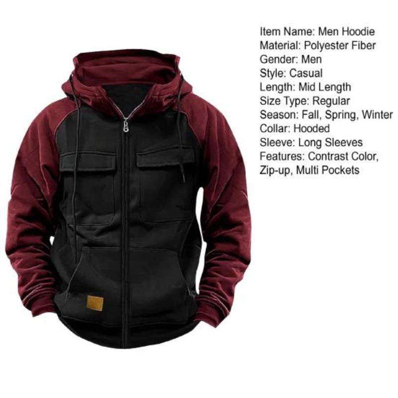Fall Winter Men Hoodie Zipper Closure Elastic Cuff Retro Multi Pockets Cargo Style Warm Cardigan Coat Mid Length Hip Hop Contrast Color Top