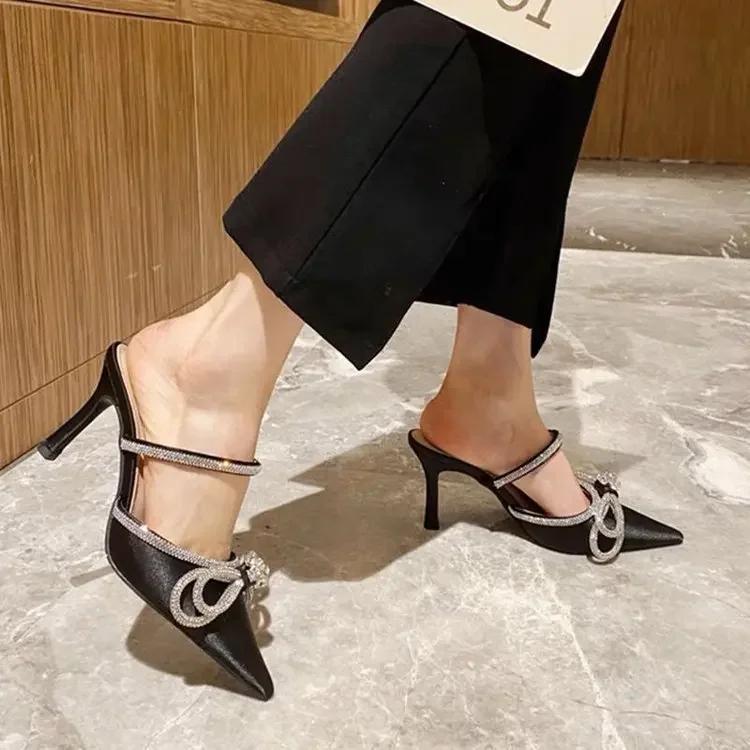 Fashion High Heel Women Slippers 2025 New Pointed Rhinestone Bow Sexy Thin Heel Back Sandals Shoes for Women