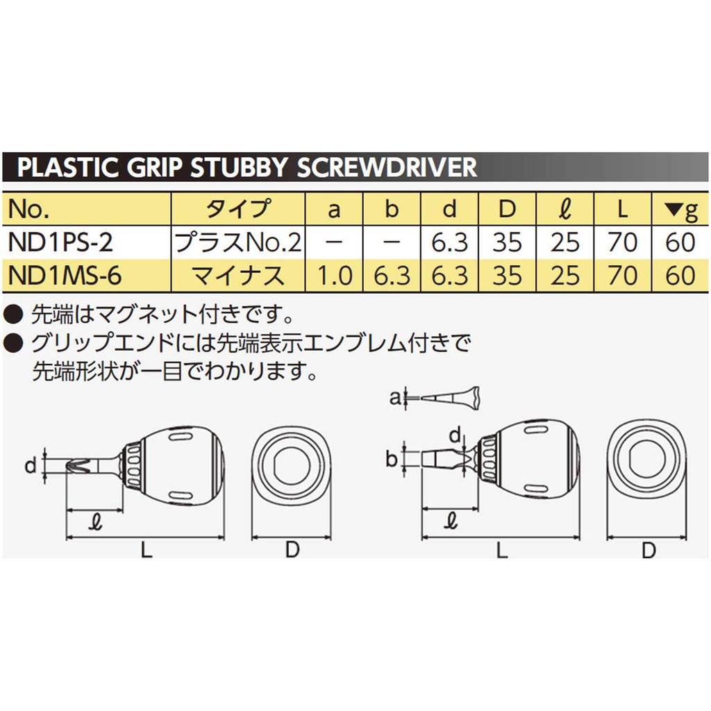 Kyoto Machine Tool Nepros Resin Handle Stubby Screwdriver (KTC) ND1MS-6