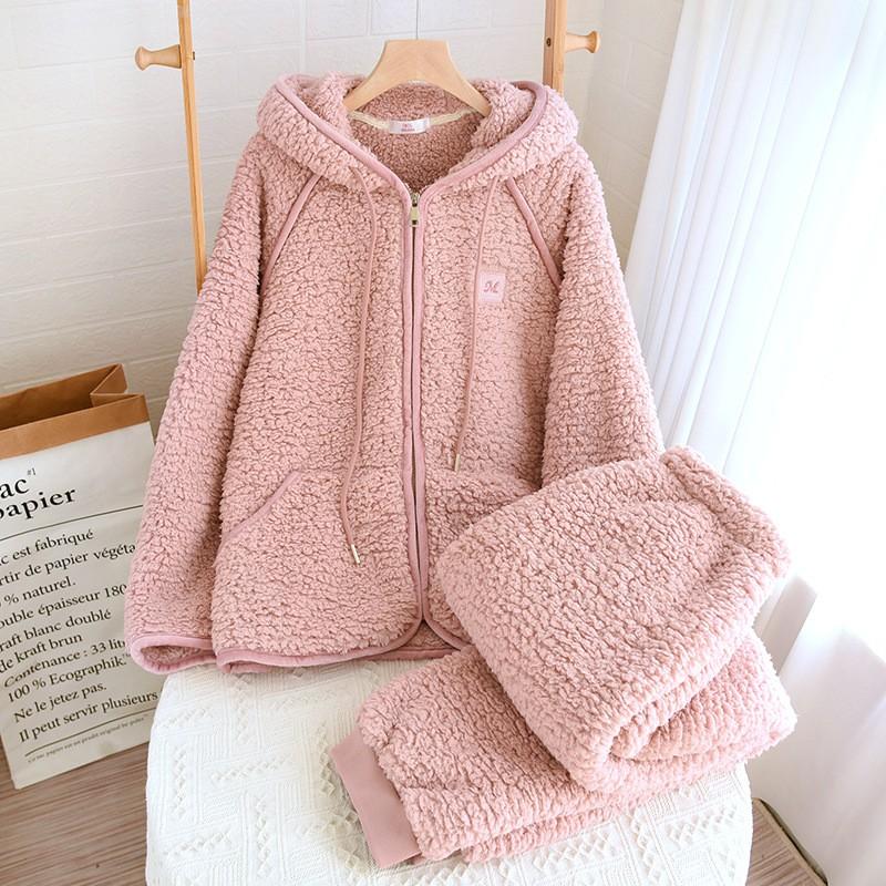 Warm Fleece Pajama Set Couples Winter Thick Coral Hooded Zipper Sleepwear Lounge Wear Men Women