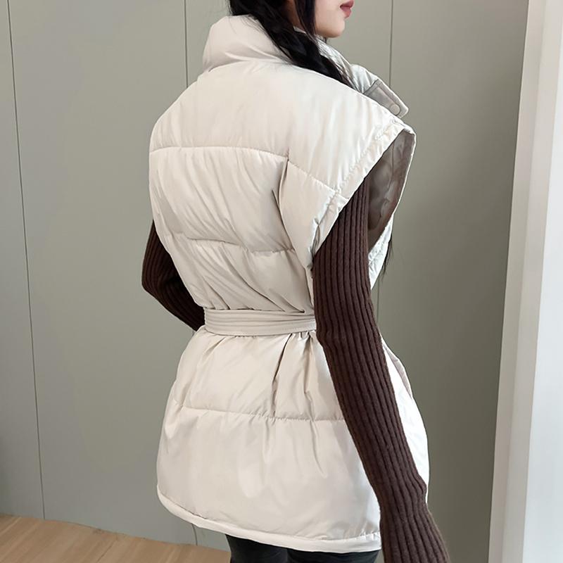 Fashion Winter Warm Vest Woman Outerwears With Belt Sleeveless Parka Casual Thick Women's Jackets