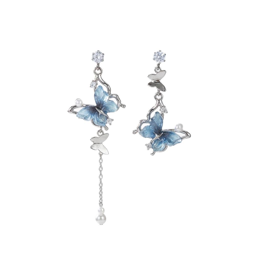 Copper Alloy Gradual Change Blue Butterfly Long Earrings Niche Cold Fairy Gas Fringed Earrings Sweet Cool Girl Thin Earrings