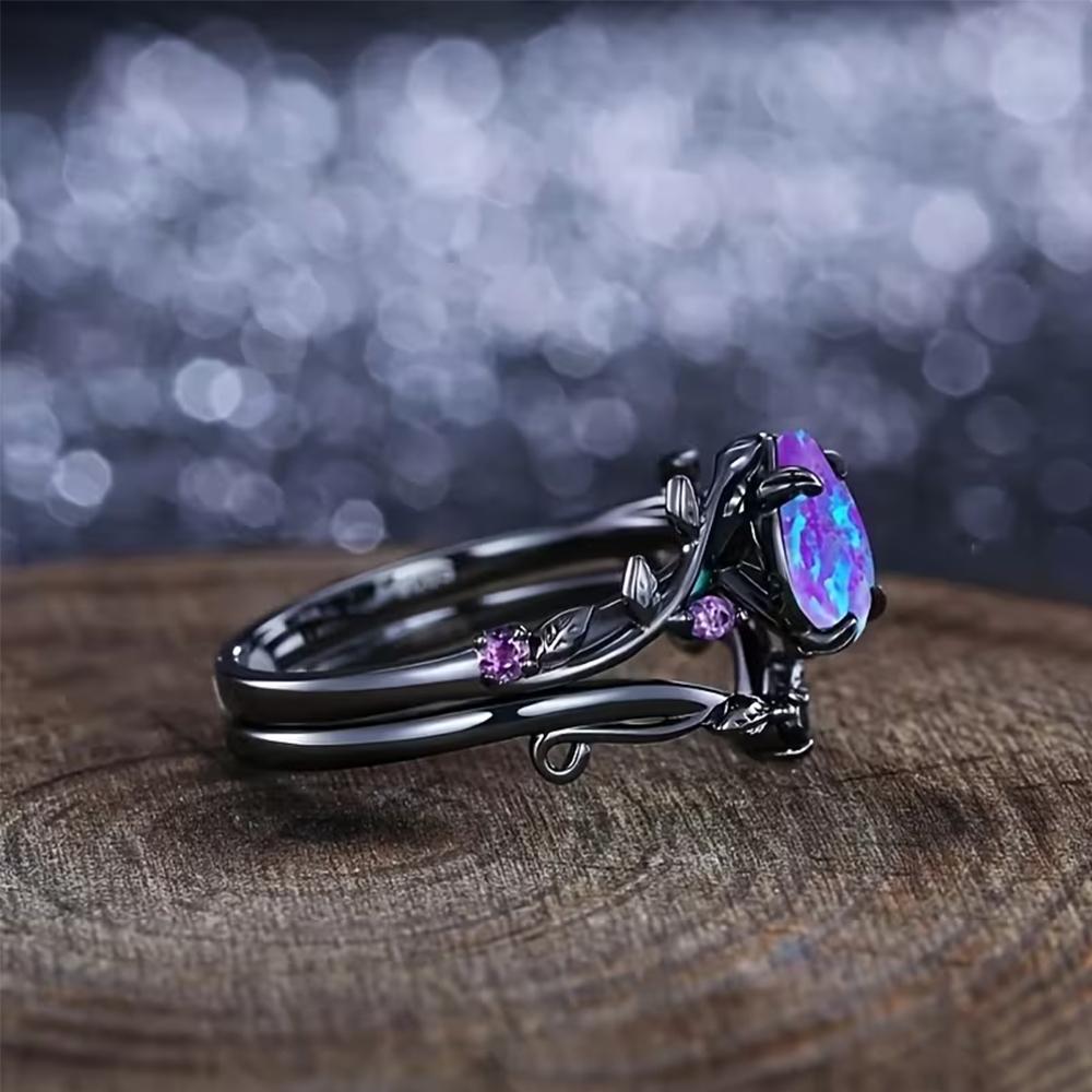 Vintage Black Gold Leaf Teardrop Opal Ring for Women Purple Amethyst Accent Gothic Engagement Ring Fashion Jewelry Gift