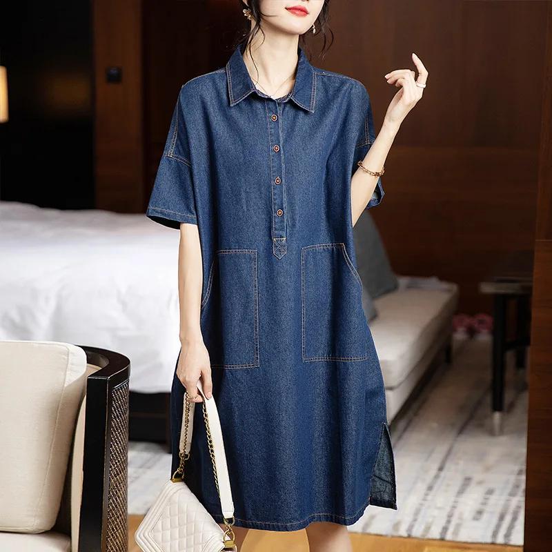 New plus Size Women's Denim Dress Casual Shirt Collar Loose Straight Tube Dress Half Open Cardigan Casual Dress