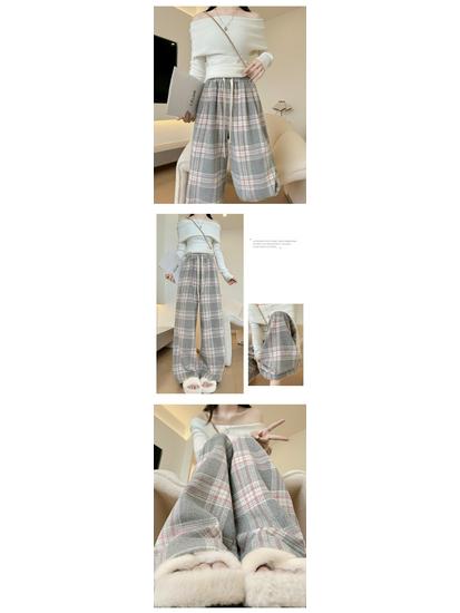 Women's High-End Retro Plaid Velvet Pants: Loose, Slimming Straight-Leg, Casual Wide-Leg Long Pants
