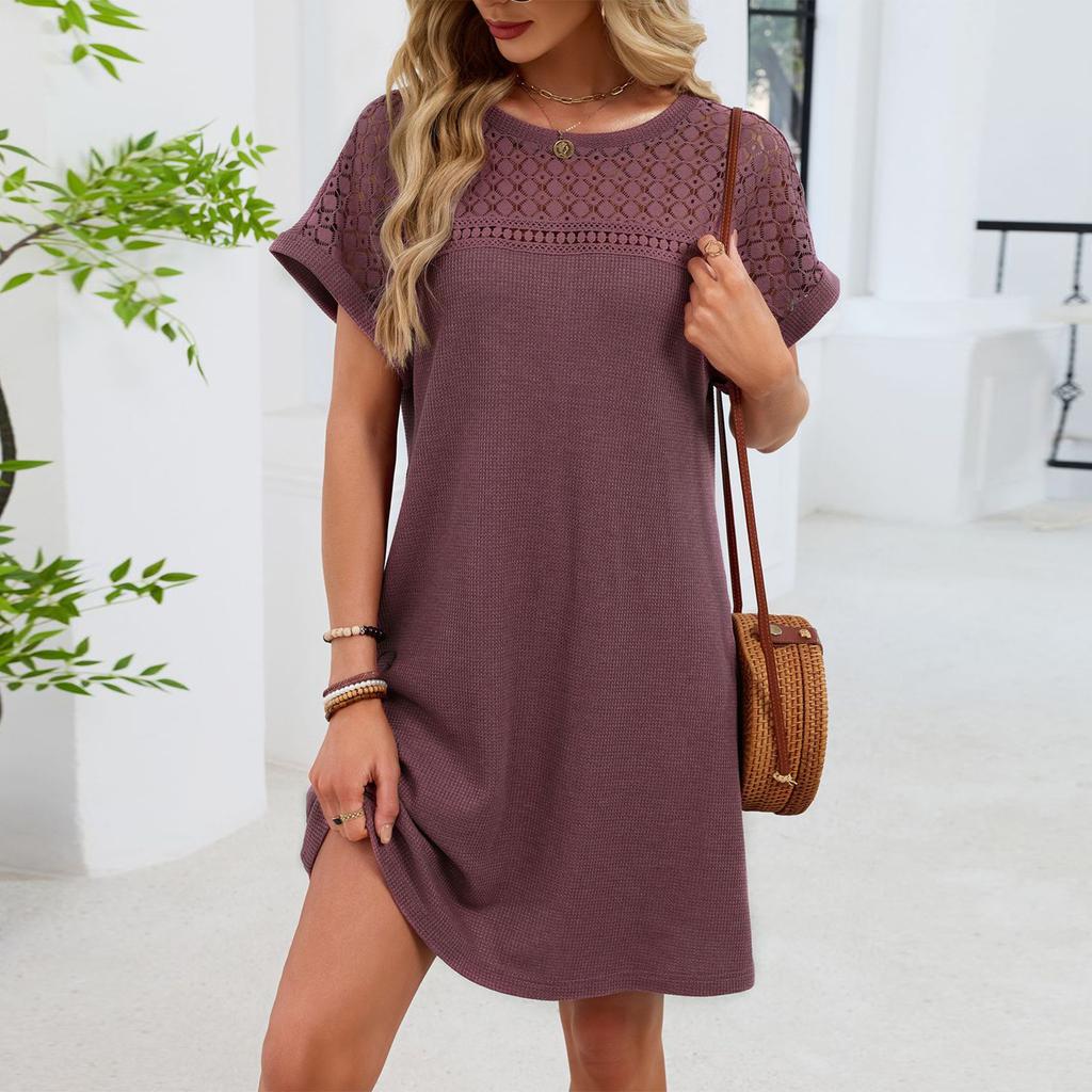 Damen Modisches Einfarbiges Rundhals Spitzen-Patchwork Locker Kurzärmeliges Kleid