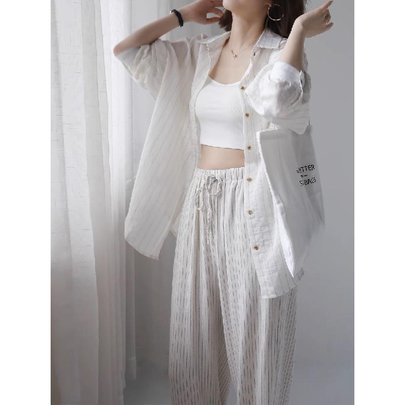 2026 New Loose Sun-Protective Striped Cotton-Linen Long-Sleeve Shirt for Women, Mid-Length Outerwear
