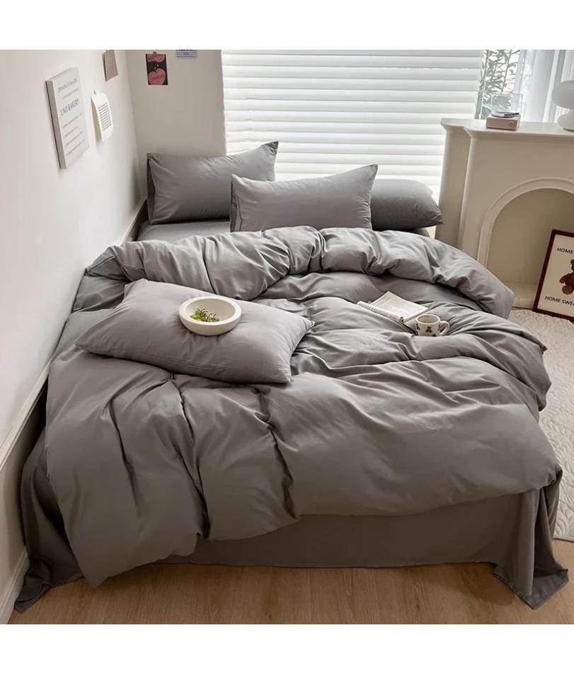 Set Biancheria da Letto Solido in Cotone con Lenzuolo Copripiumino Federa per Cuscino Singolo Matrimoniale King Queen Matrimoniale Twin