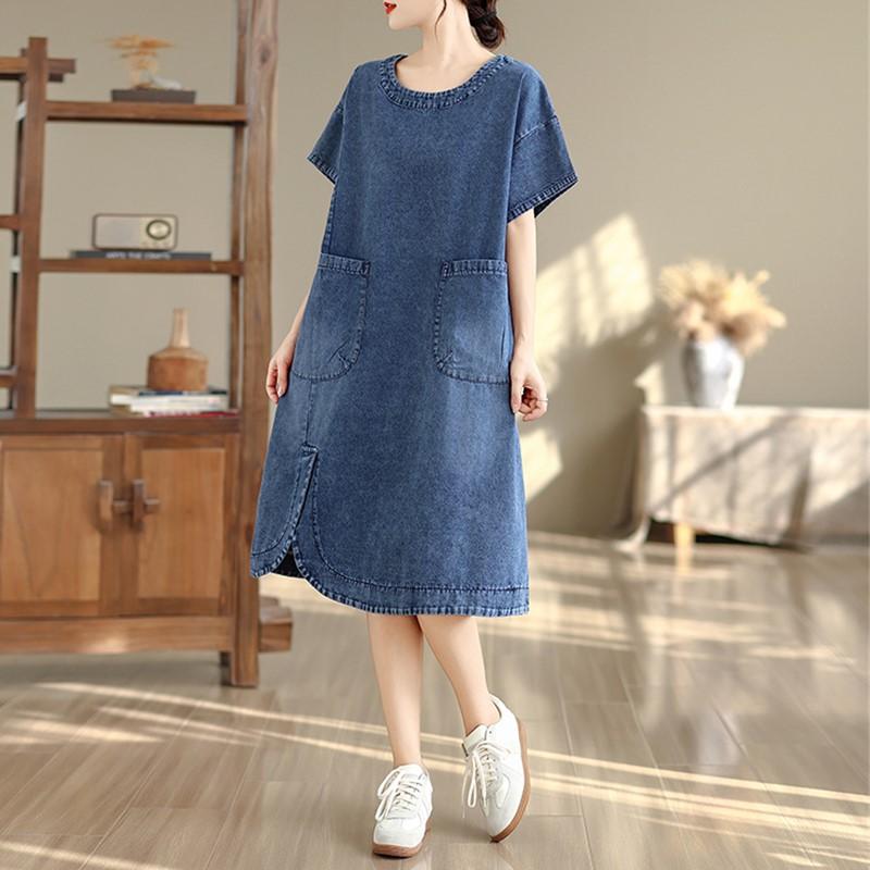 Short sleeve Plus size vintage new in dresses for women casual loose midi summer denim dress