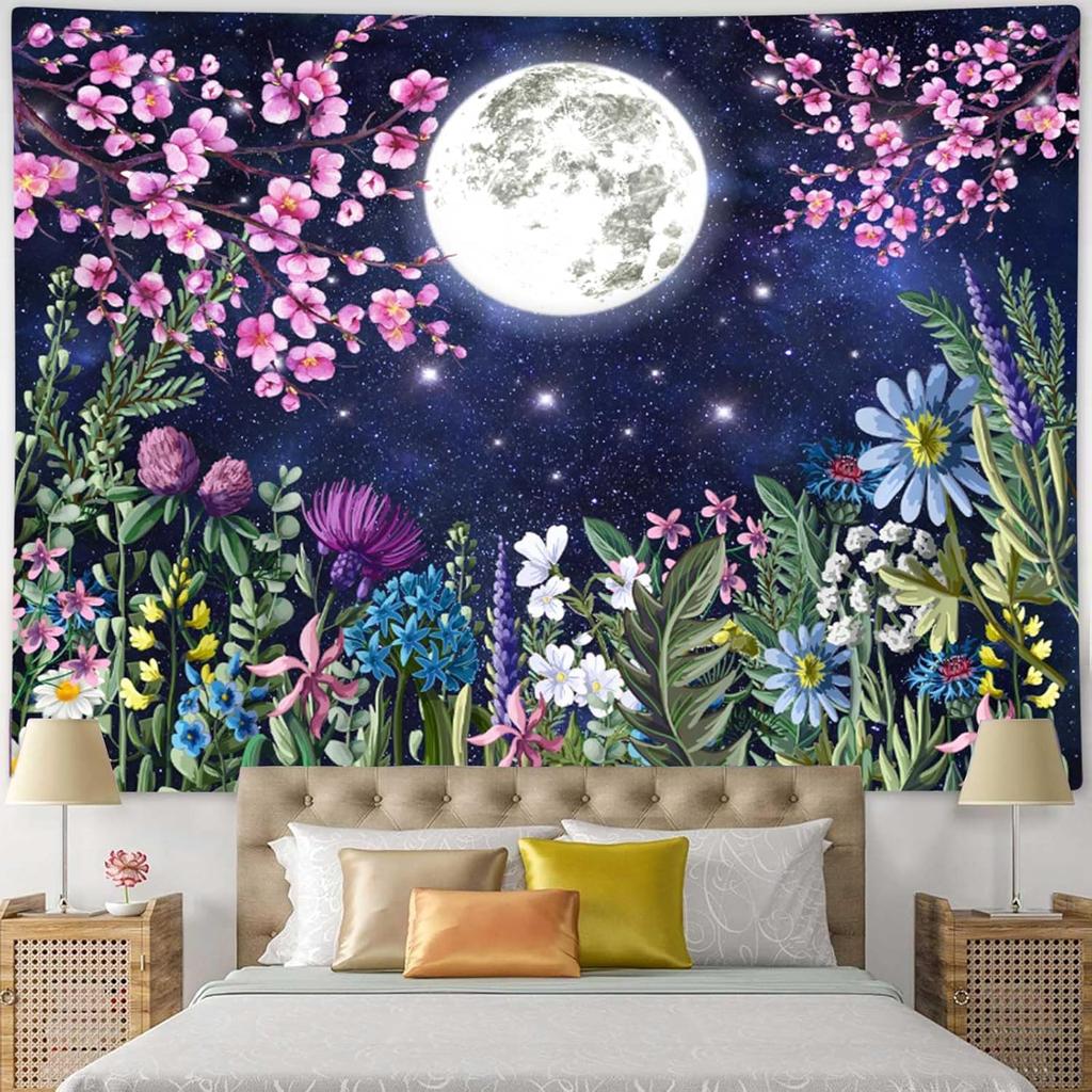 Moon Over Ocean Tapestry Full Moon Night Sky with Cherry Blossom Tree Wall Tapestry for Bedroom Cloud Pink Floral Wall Hanging