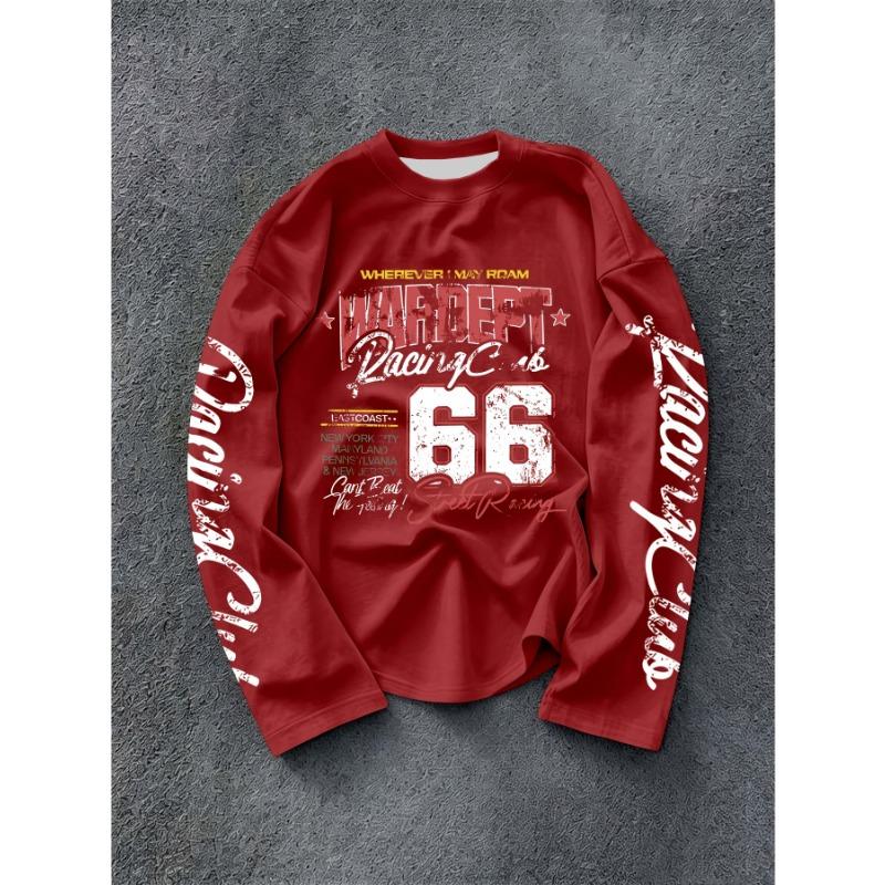 Men's Long Sleeve T-shirt Racing Style Vintage Letter Graphic Print Loose Retro Streetwear Casual Hip Hop Spring- Autumn Tops