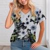 Summer V-neck 3D Flower Ink Painting Printed Top Fashionable Casual Short Sleeved Women's T-shirts
