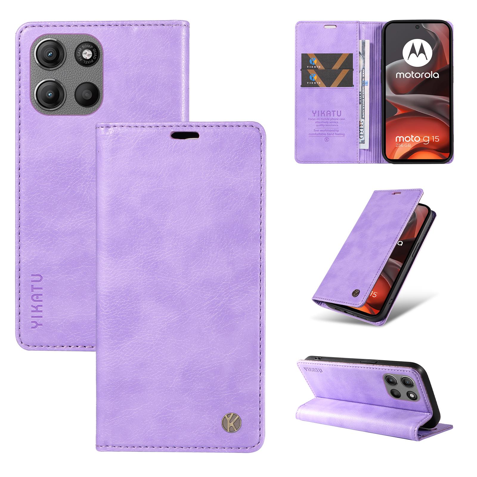 

For Motorola Moto G15 4G Wallet Case YIKATU YK-006 Magnetic Closure Leather Phone Cover Litchi Texture Purple