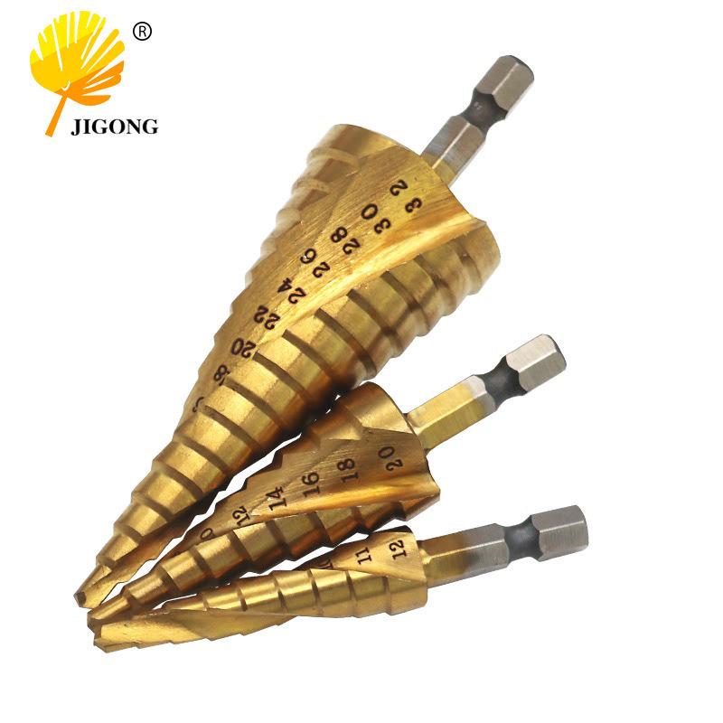 Titanium-Plated Spiral Groove Step Drill Bit Set (4-32mm, 4-20mm, 4-12mm) - Hex Shank Hole Expander