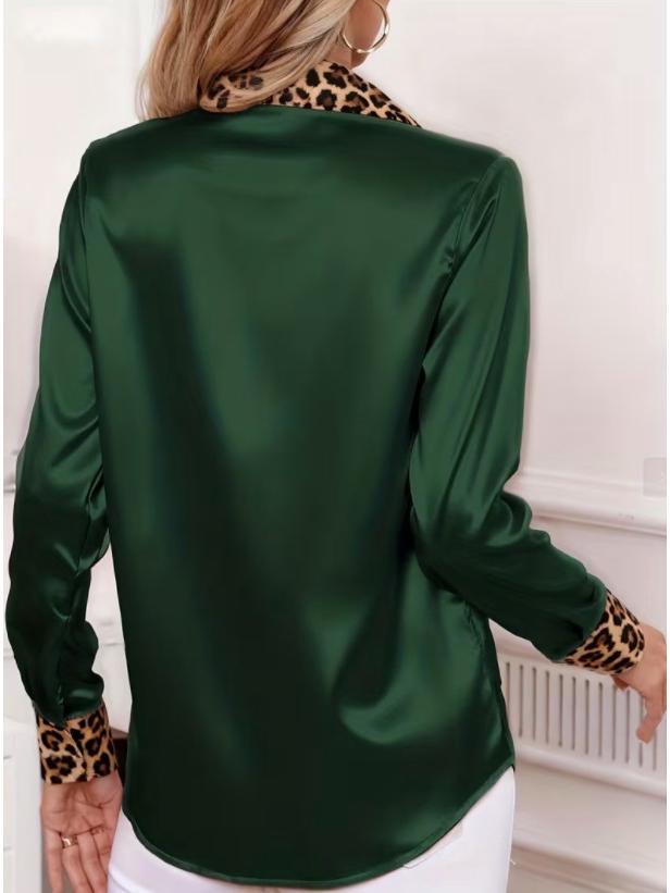 Leopard Print Satin Patchwork Slimming Long Sleeve Round Neck Shirt for Women - Spring/Autumn Collection