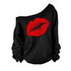 European & American Women's Red Lips Pattern Off-Shoulder Loose Fit Long Sleeve Sweater