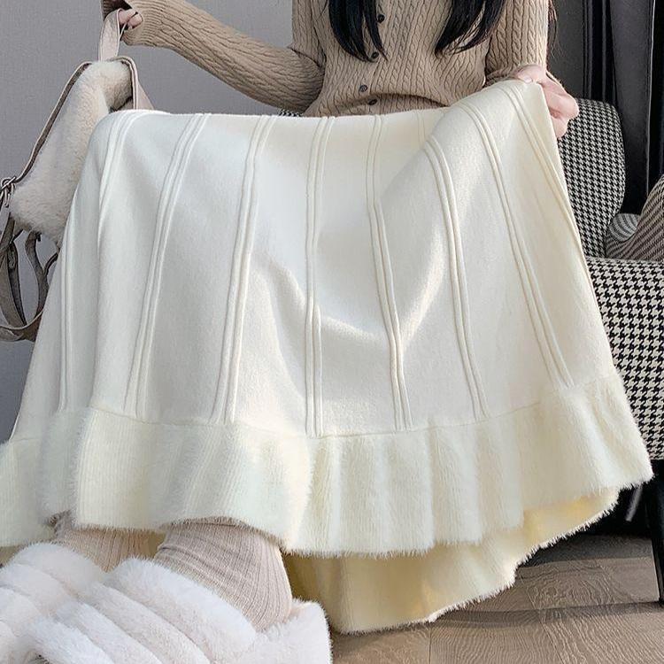 Autumn Winter Women's Knitted Pleated Skirt Long High-waist A-line Skirt