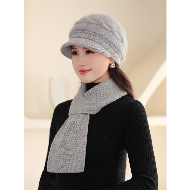 Scarf, Hat Sets Middle Aged Old Aged Mother Hat with Velvet Thickened Rabbit Hair Warm Basin Hat with Fried Dough Twists Autumn Winter