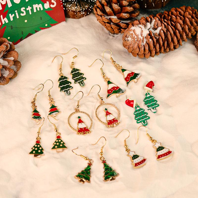New Christmas Drip Oil Stud Earrings: Red & Green Tree, Snowman, Boots, Bells – Cute Cartoon Jewelry