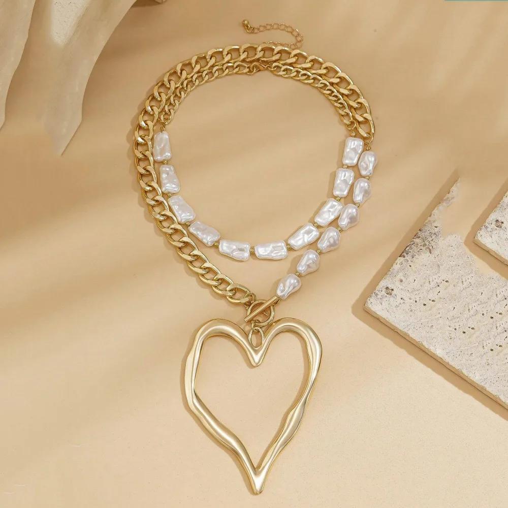 Women's Fashion Big Heart Pendant Necklace Exaggerated Unique Baroque Pearl Chain Love Heart Pendant Double-layer Necklaces