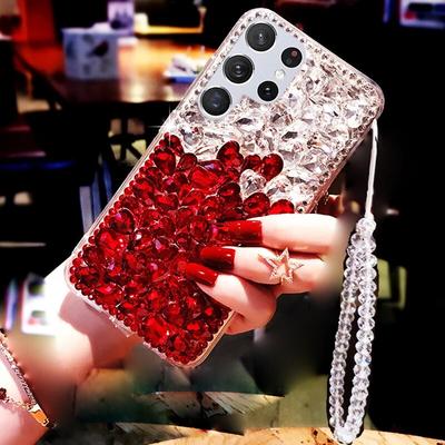 Z kryształowym paskiem smycz Bling diamentowe etui do Samsung S24 Ultra S23 FE S22 Plus A15 A25 A35 A55 A14 A23 A34 A54/Redmi A3 13C 12 uwaga 13 12 11 Pro
