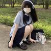 Academy Style Blue Pleated Skirt Set: Short Sleeve Shirt & Autumn Graduation Outfit for Students