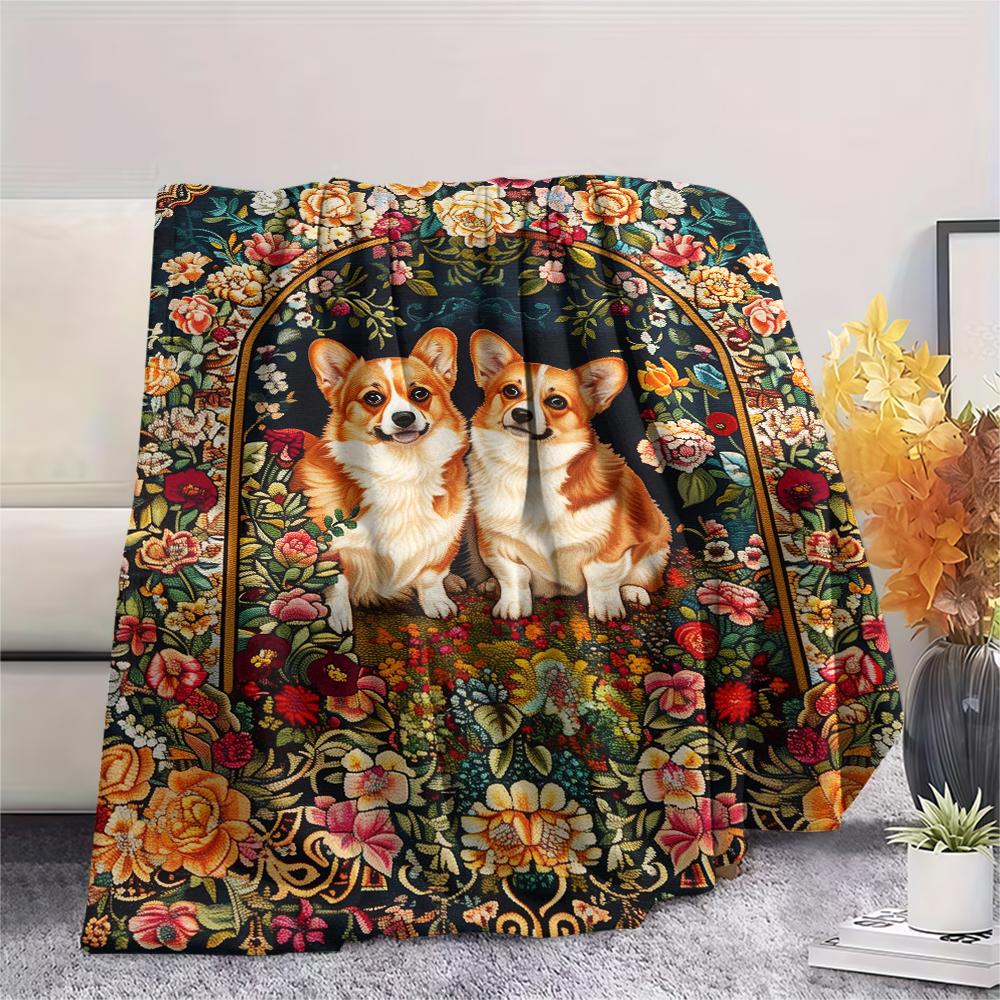 1Pc Floral Dog Print Flannel Blanket, High quality Comfortable for All Seasons, Home Decor, Warmth and Comfort, Perfect for Christmas Gifts