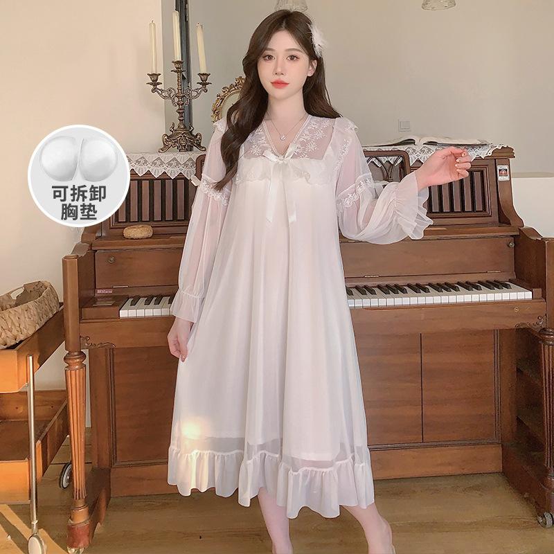 Женская ночная рубашка-пижама Ling Lei в осеннем стиле «принцесса» с кружевом, бантом и сетчатой ​​вставкой, однотонная, кружевная, с сетчатыми вставками. M