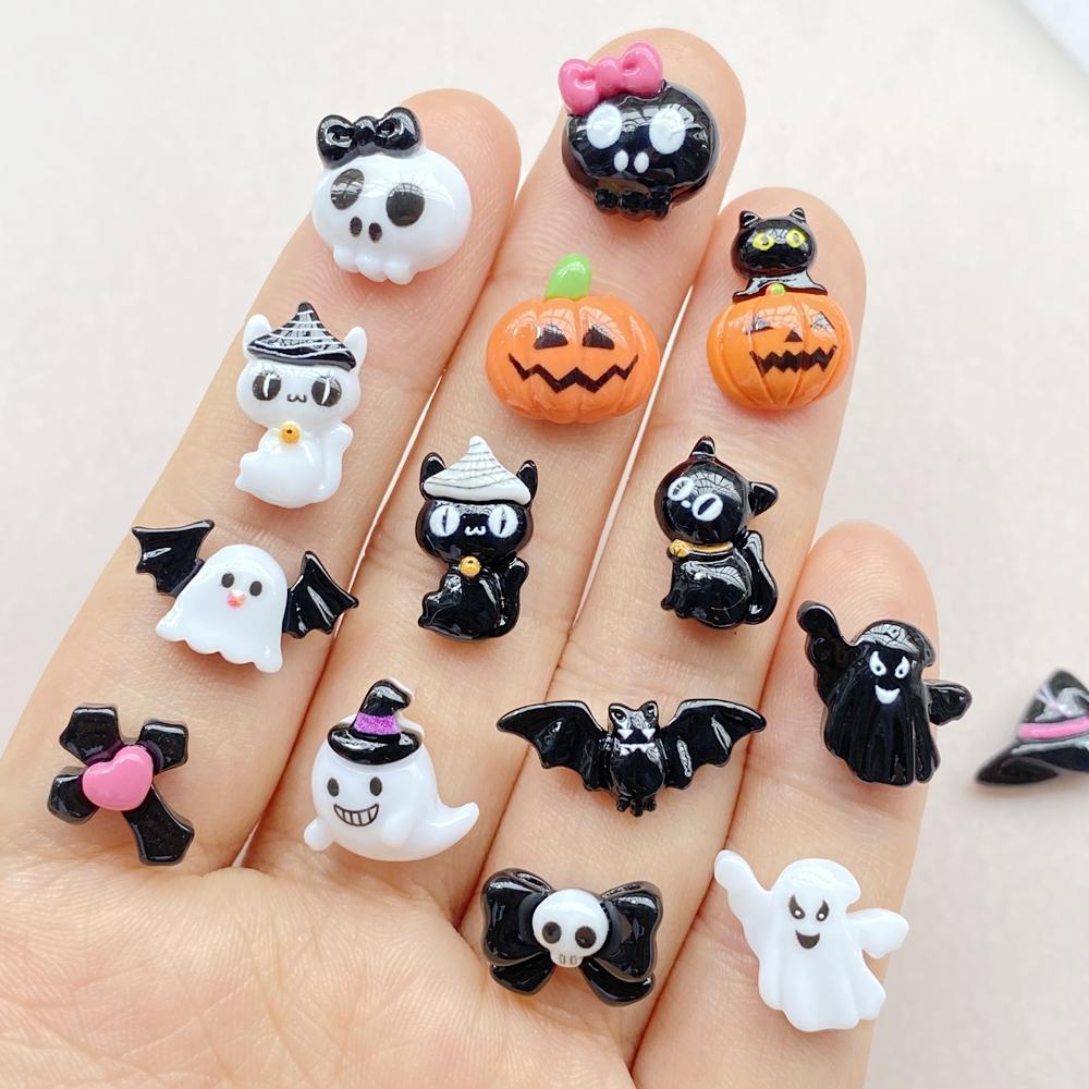 20Pcs Cute Cartoon Halloween cat, pumpkin, bat Nail Art Resin Designer Charms DIY Craft For Nail 3D Decorations Jewelry