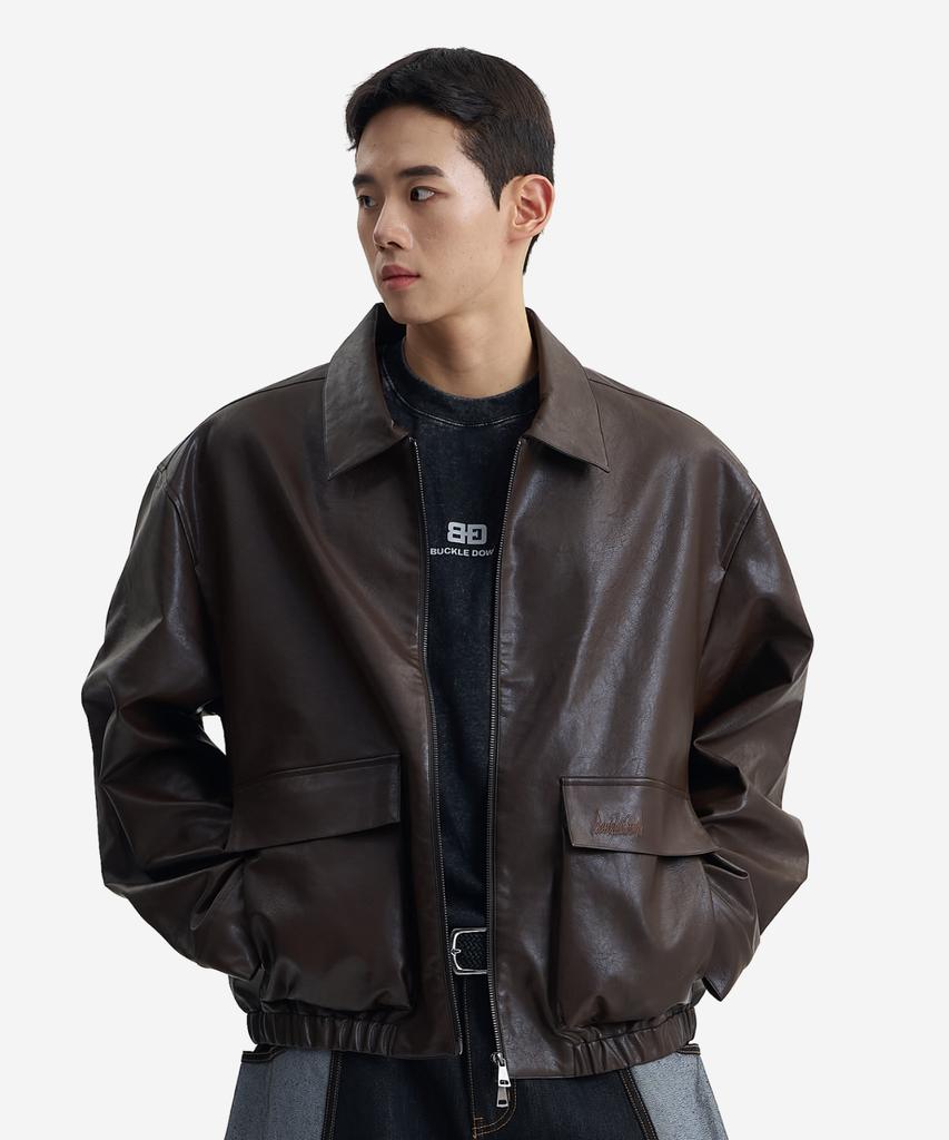 BUCKLE DOWN Simple Overfit 2-Way Zip-Up Double Pocket Pu Leather Jacket (Brown)