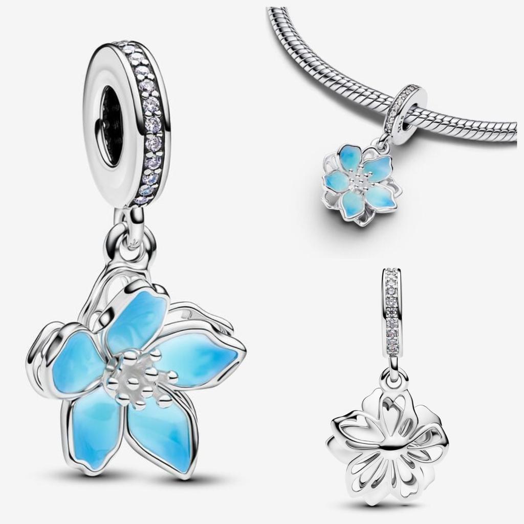 Plata 925 Colgante Amuletos Flor de Cerezo Rosa Esmaltado 3D Decoración Flor Azul Pulsera de Cuentas Joyería Artesanal Detallada Regalo