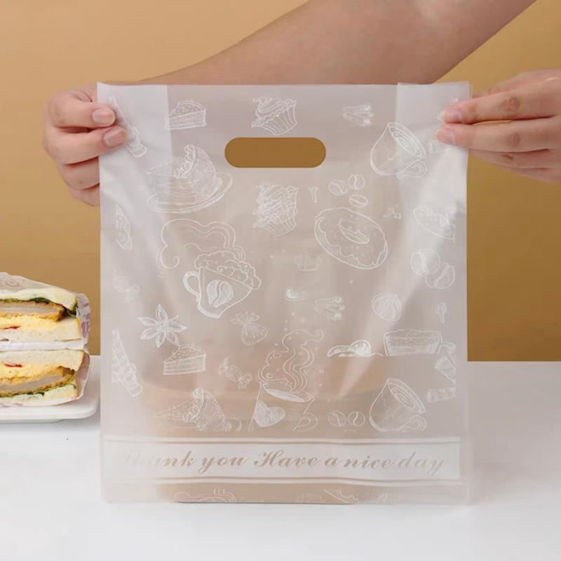 50Pcs Dessert Printed Plastic Gift Bags With Handle Gift Bag Perfect For Parties Holidays And Stores Cake Takeway Packing Bags