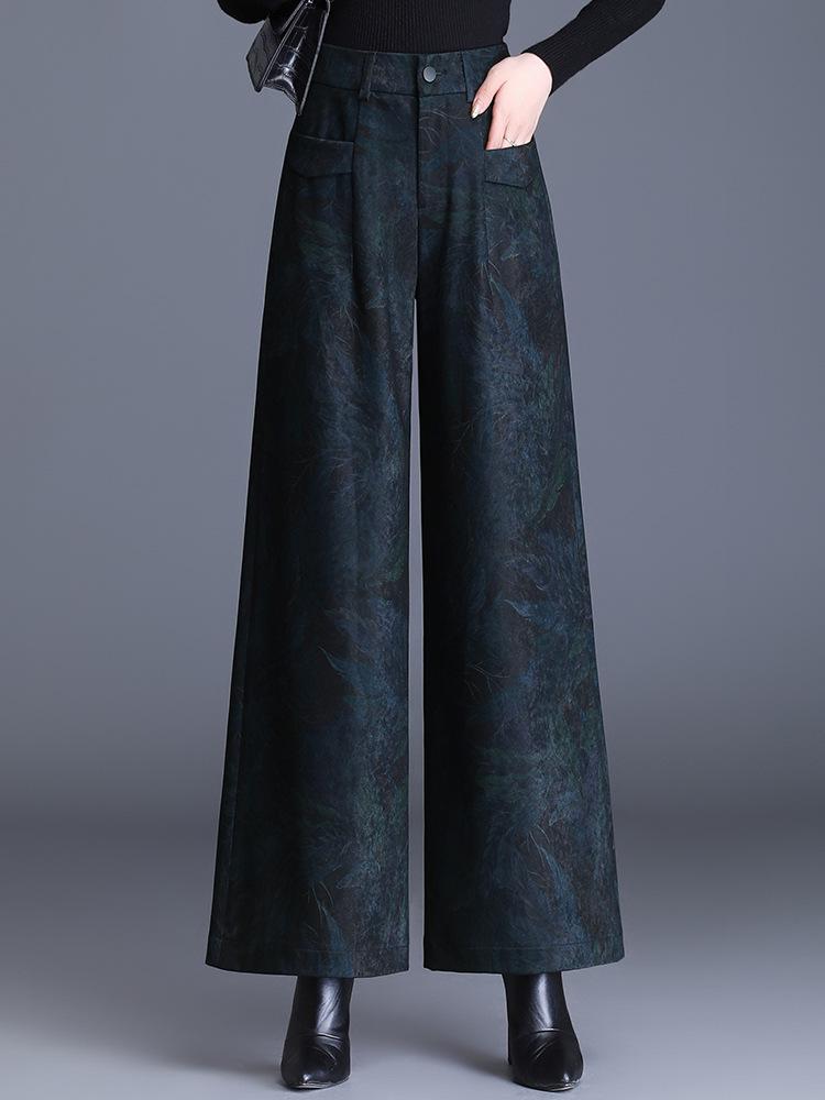 

High-Waisted Jacquard Wide-Leg Pants for Middle-Aged Women, Autumn/Winter 2026, Plus Velvet, Thickened, Cozy Casual Wear. 2XL, 120-130 lbs
