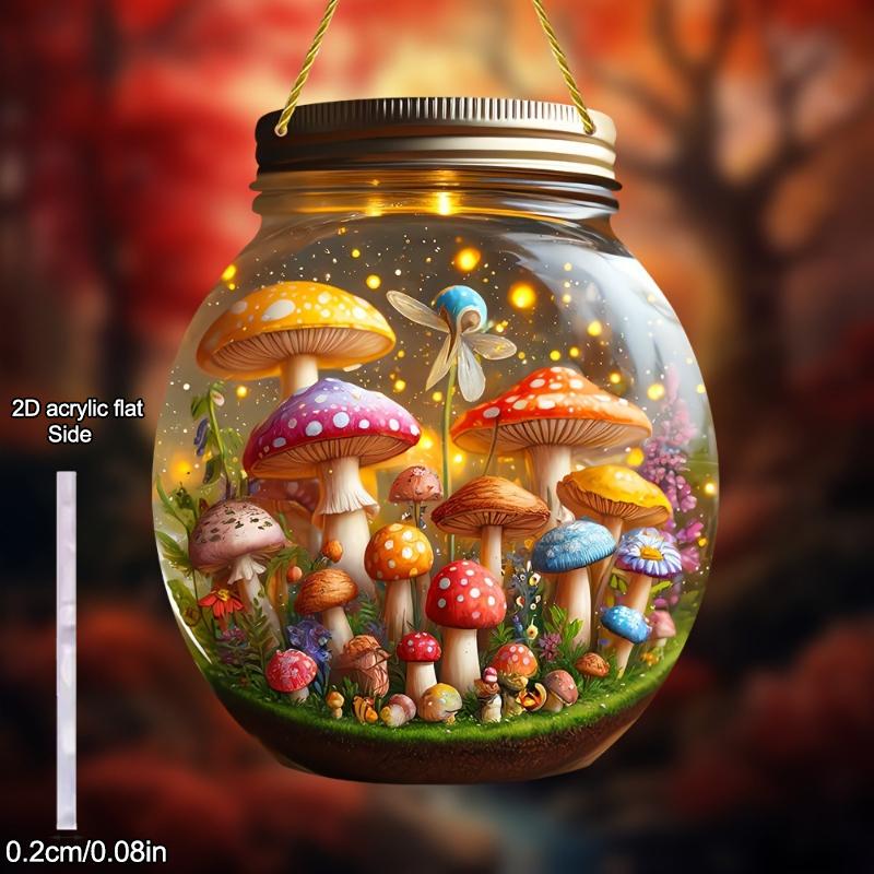1pcs Oasis Mushroom World Sun Catcher Round Mason Jar Living Room Bedroom Porch Hanging, Acrylic Sign, Four Seasons Decoration