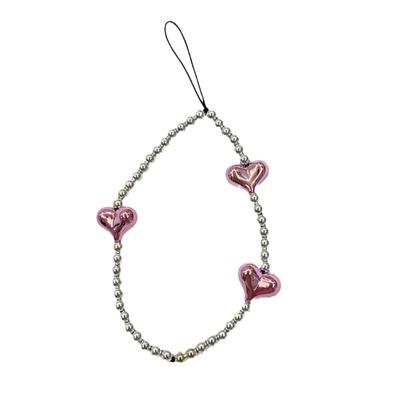 Pink Heart Phone Strap Keychain Backpack Beaded Phone Lanyard Keyring Ornament