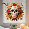 Reusable Floral Skull Stickers Day of The Dead Flower Static Sticker, Colorful Mexican Glass Sugar Halloween Decal, Waterproof PVC Removable Cling for