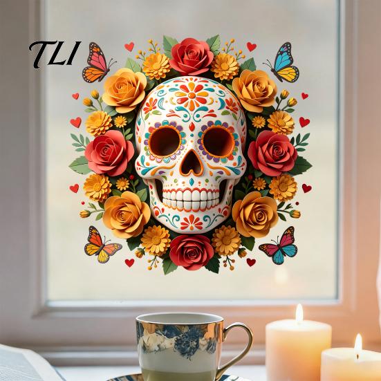 Reusable Floral Skull Stickers Day of The Dead Flower Static Sticker, Colorful Mexican Glass Sugar Halloween Decal, Waterproof PVC Removable Cling for