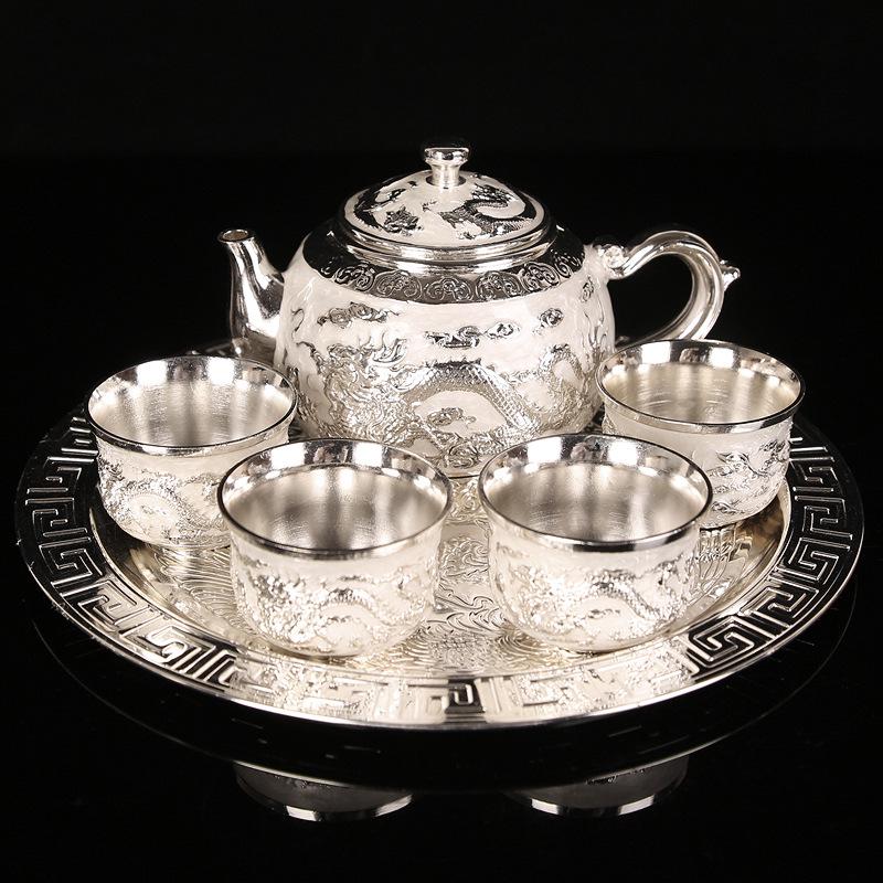 Dragon & Phoenix Sterling Silver Tea & Wine Set: 1 Plate, 1 Pot, 4 Cups in Chinese Gift Box