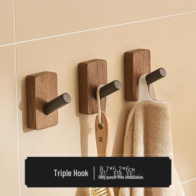 Walnut Bathroom Wall-Mounted No-Drill Adhesive Hook, Solid Wood & Space Aluminum