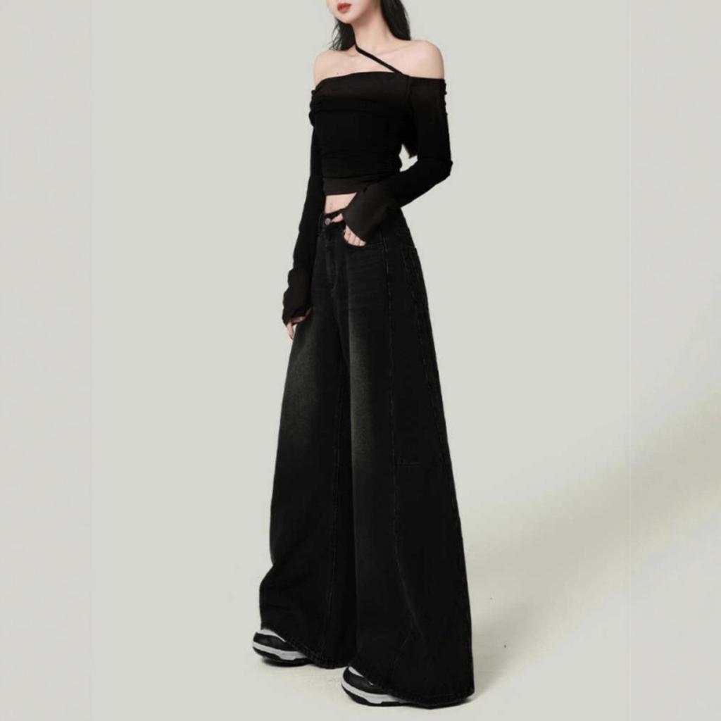 Women's Retro High-Waisted Wide-Leg Gray Jeans - 2025 Spring/Autumn Collection