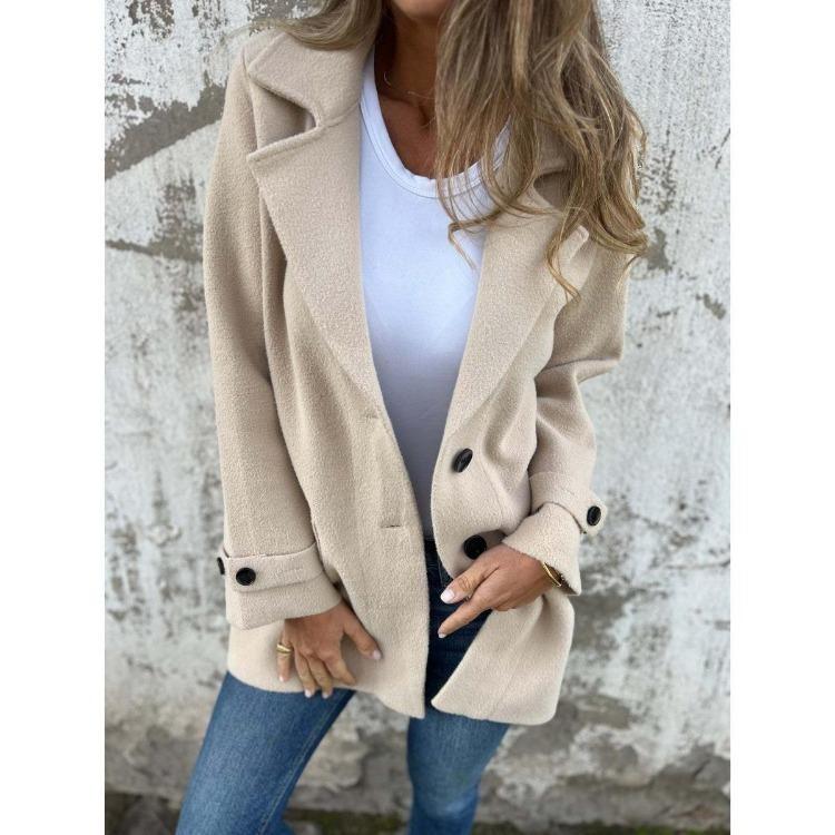 

Womens Wool Blend Coat Casual Loose Cardigan Autumn Winter Lapel Fake Pocket Europe America Fashion S абрикосовый