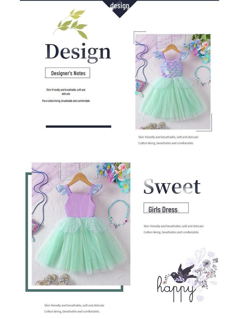 Mädchen Pailletten-Mesh Spaghetti-Träger Kleid - Sommer Meerjungfrau Prinzessin Kostüm