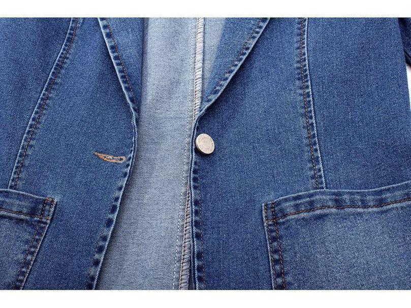 Dameslimfit denimjakke, dresskrage, ensfarget, cardigan med én knapp - trendy vår og høst