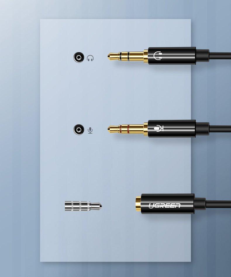 Ugreen Dual Male 3.5mm AUX Splitter Cable for Microphone & Headphones - Black (Model: AV140)