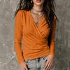 Women's Casual Long Sleeve Cross V-Neck Pleated T-Shirt for Fall