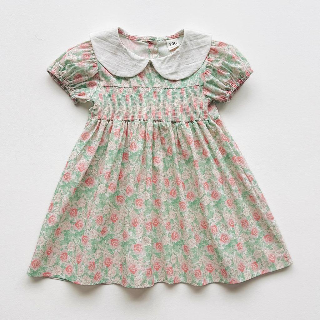 Handmade Floral Smocked Girl's Dress with Peter Pan Collar - Summer 2025 French Korean Style