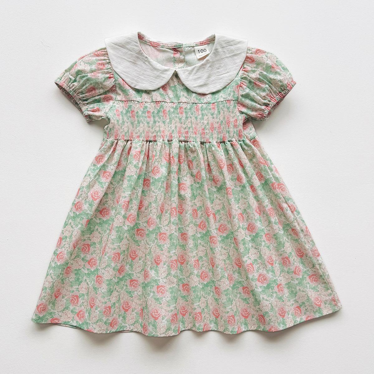 

Handmade Floral Smocked Girl s Dress with Peter Pan Collar - Summer 2025 French Korean Style 100 cm зелений