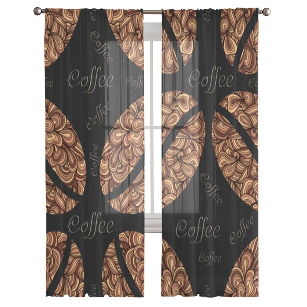 Coffee Beans Sheer Curtains for Living Room Transparent Tulle Window Treatments Bedroom Kitchen Home Decor Veil Drapes